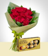 Flores :  - Combo Tradicin: 12 Rosas + Chocolates Ferrero Rocher
