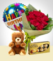 Agradecimiento - Combo de Cumpleaos: Bouquet 12 Rosas, Oso, Chocolates, Globo Feliz Cumpleaos