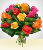 Flores Primaverales - Bouquet Ensueo: 12 Rosas Multicolores