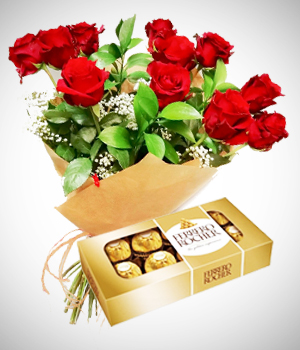 Flores a Per Combo Pareja Perfecta: Bouquet de 12 Rosas y Chocolates
