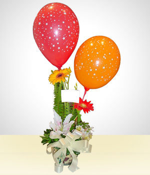 Flores a Per Arreglo Feliz Cumpleaos: Flores con Globos