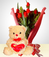 Nacimientos - Combo Romance: Bouquet de 6 rosas +Peluche