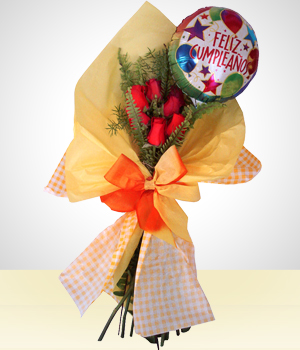 Flores a  Detalle de Cumpleaños: Bouquet 6 Rosas con Globo Feliz Cumpleaños