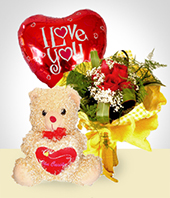 Amor y Romance - Combo Ternura: Bouquet de 6 rosas + Globo +Peluche