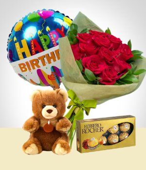 Flores a  Combo de Cumpleaños: Bouquet 12 Rosas, Oso, Chocolates, Globo Feliz Cumpleaños