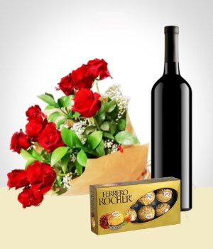 Flores a Per Combo Elegancia: Bouquet de 12 Rosas + Vino + Chocolates