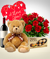 Combos Especiales - Combo Amor Total: 12 Rosas + Peluche + Globo + Chocolates + Vino