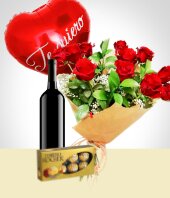 Felicitaciones - Combo Inspiracin: Bouquet de 12 Rosas + Globo + Vino + Chocolates