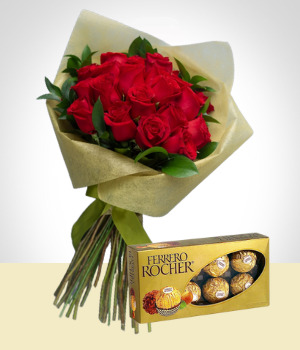 Flores a Per Deseos de Amor: Bouquet de 24 Rosas y Caja de Chocolates